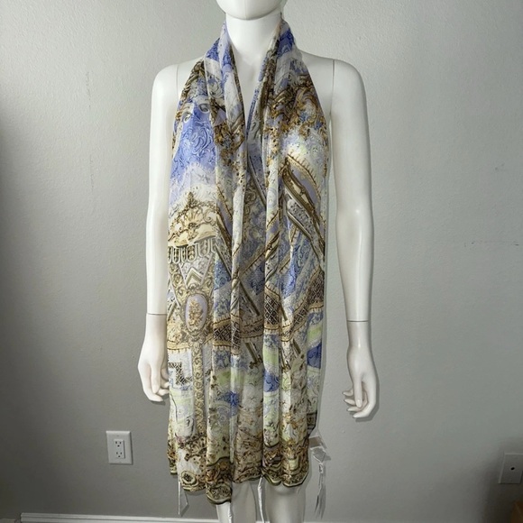 Camilla “Guilded Pleasures” blue white silk long scarf shawl belt top headwrap - Picture 3 of 7